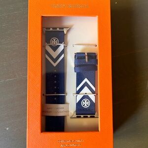 NWT Tory Burch Apple Watch Band Navy Chevron Stripe Grosgrain & Leather
